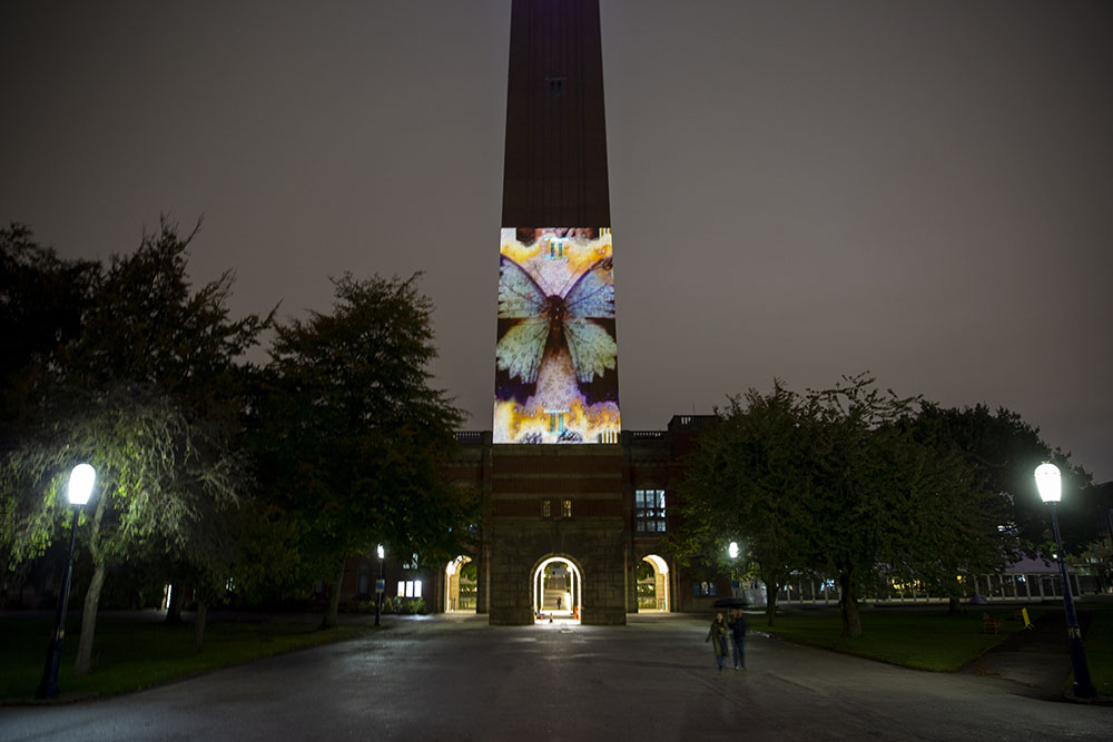 Art projected on the University of Birmingham clock tower