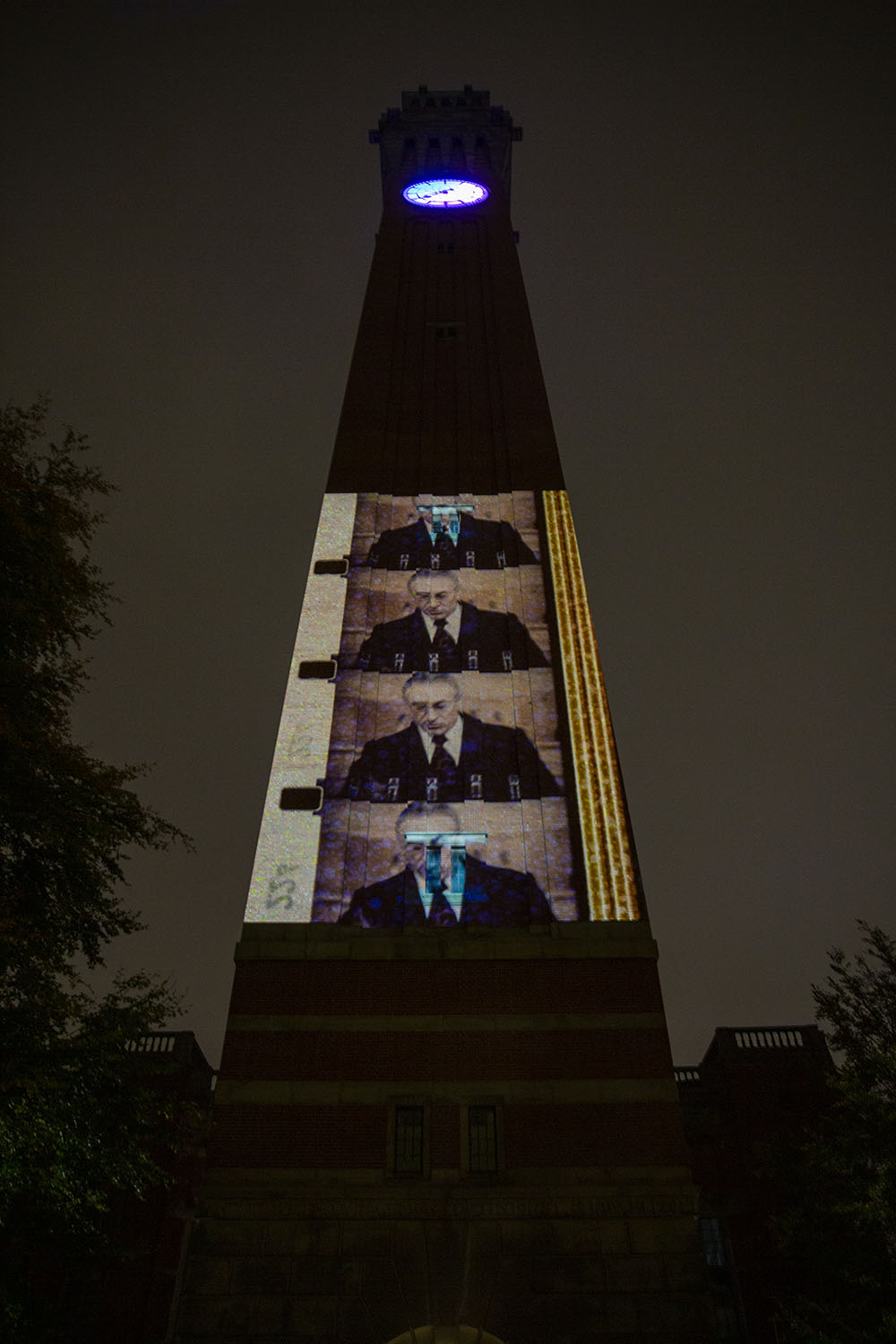 Art projected on the University of Birmingham clock tower