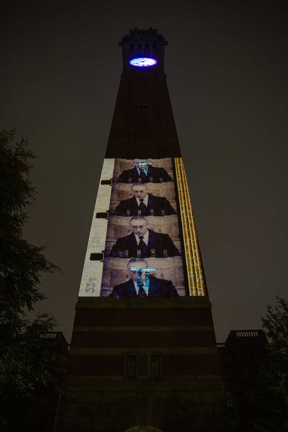 Art projected on the University of Birmingham clock tower Art projected on the University of Birmingham clock tower